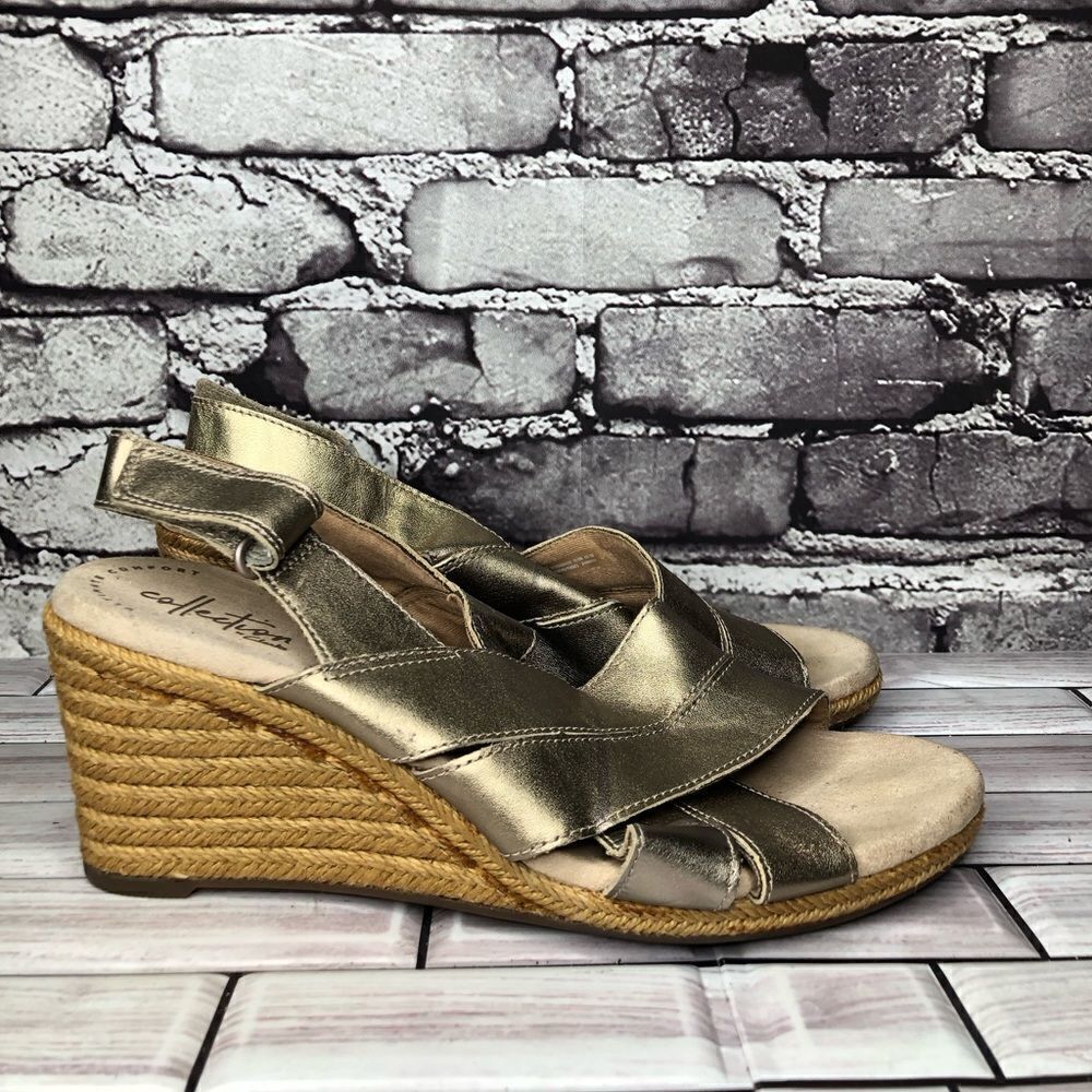 Clarks Collection Bronze Gold Leather Strap Wedges Sandals Women Sz 8.5M US/39.5